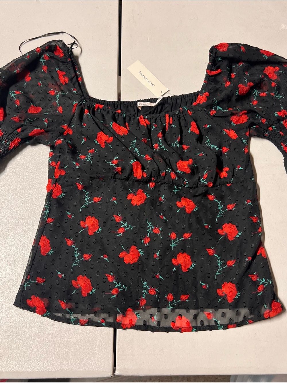 Francesca's Collections Black Off-Shoulder Top with Red Floral Print